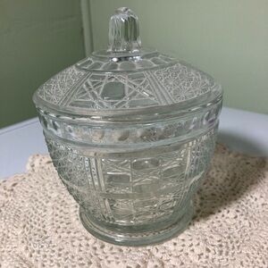 Vintage Retro Covered Candy Sugar Dish Bowl Clear Glass KIG Daisy Cane Lidded